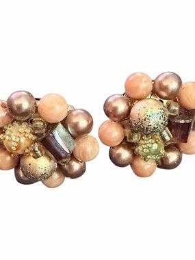 Vintage Japan‎ Brown Beads Clip On Earrings